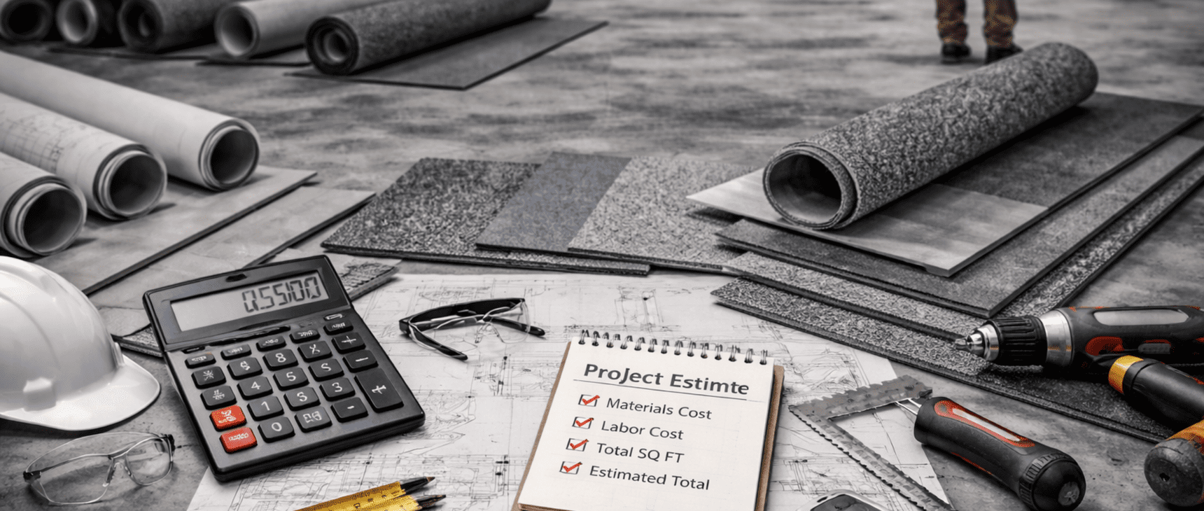 Workspace with project estimate and drafting tools on wooden table.