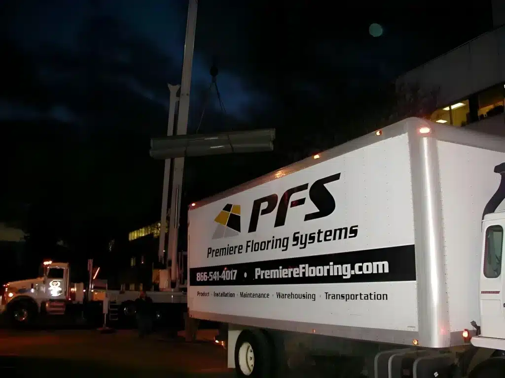 Premiere Flooring Systems trailer on a commercial jobsite in Western Connecticut