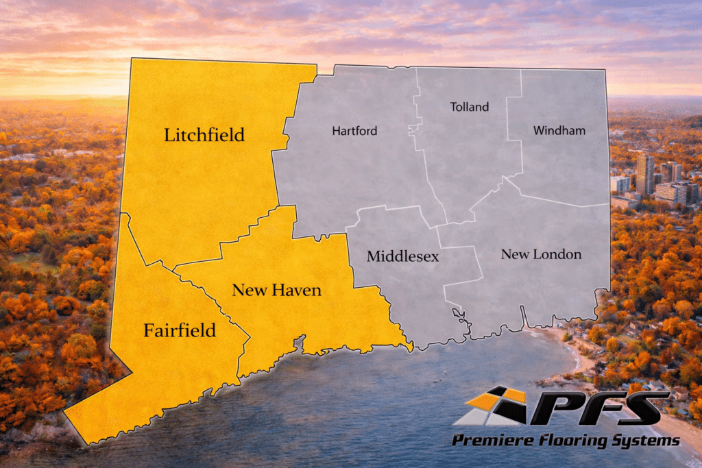Commercial flooring service area map showing Fairfield, New Haven, and Litchfield Counties Connecticut highlighted with Premiere Flooring Systems branding
