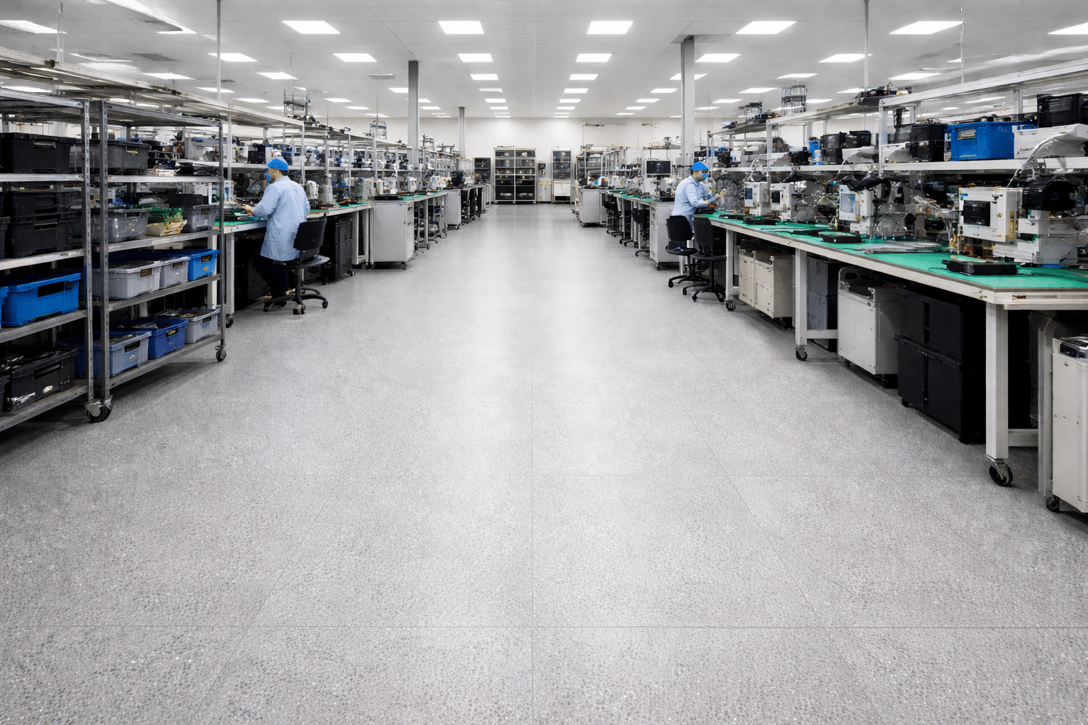 Electrostatic dissipative (ESD) vinyl tile flooring installed over concrete in an electronics manufacturing facility
