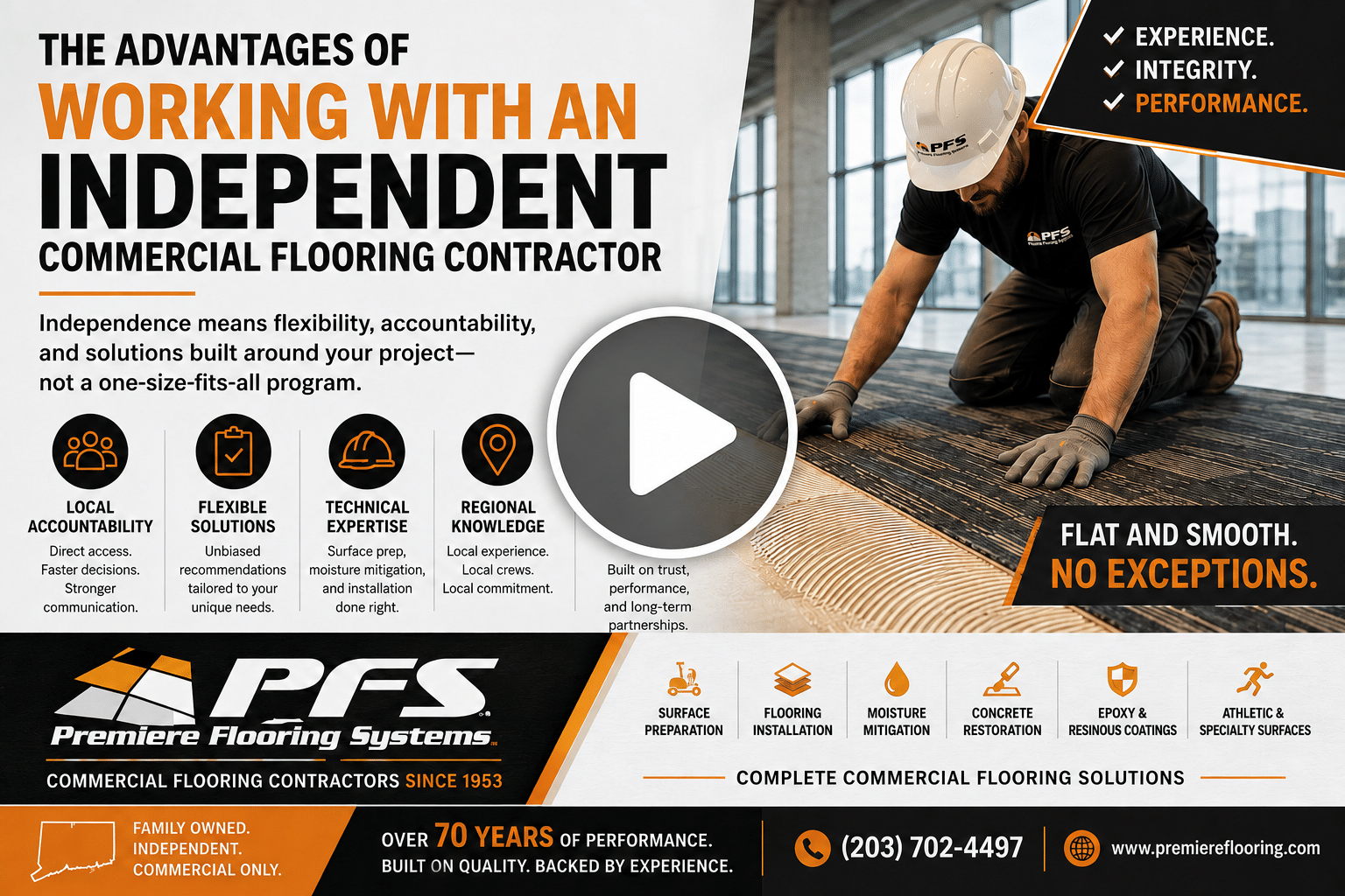 Premiere Flooring Systems commercial flooring installer promoting the advantages of working with an independent commercial flooring contractor in Connecticut since 1953